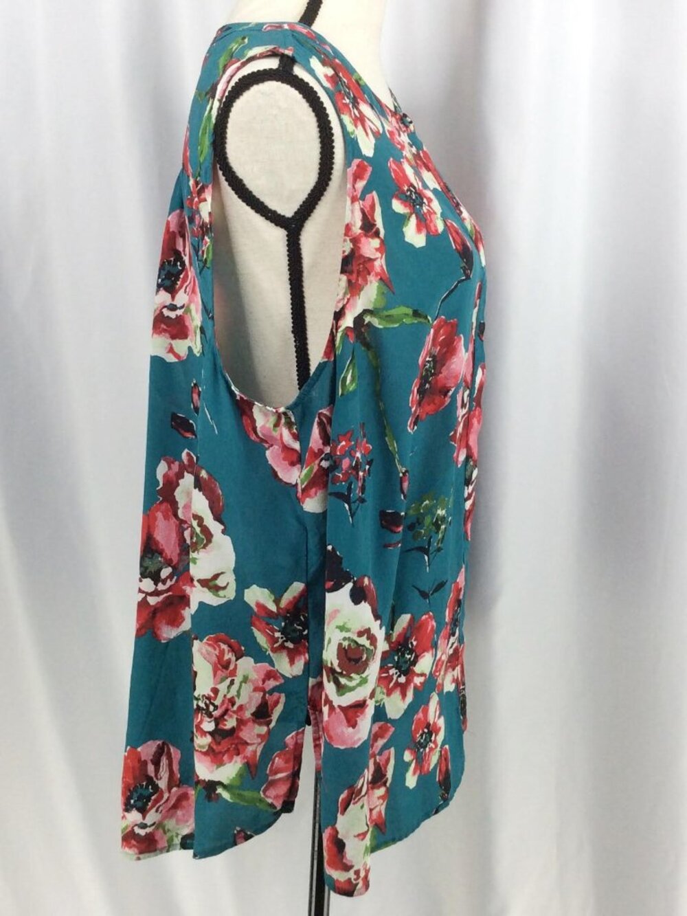 Lucky Brand 100% Silk Floral Tunic Tank Top Women's Plus Size 2X Teal High Neck - Picture 2 of 8